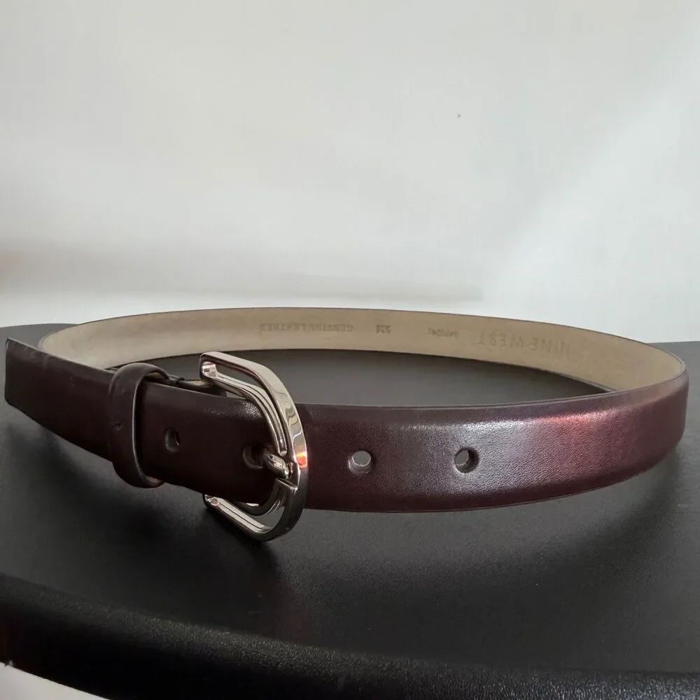 Nine West Dark Brown Genuine Leather Belt Women’s S/M Silver Double Loop Buckle